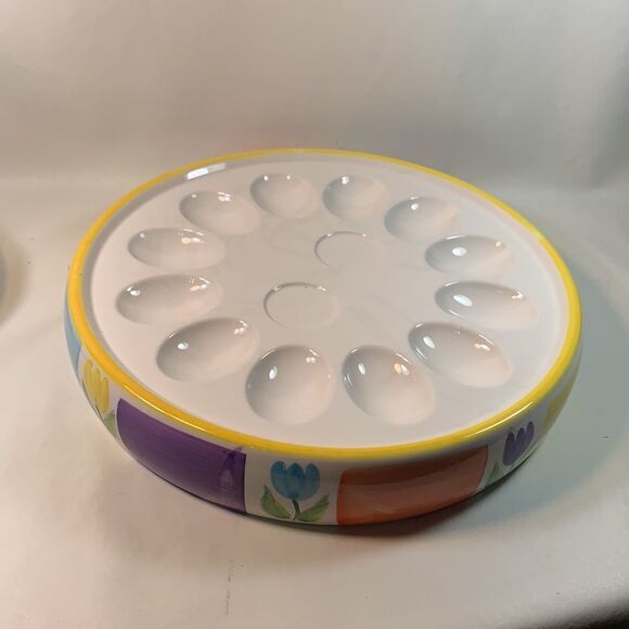 Easter Bunny Devil Egg Serving Tray Spring Flower Vintage Holiday Yellow Purple - Picture 2 of 7